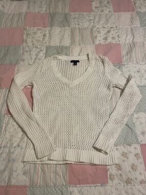 Women's Cream V-Neck Open-Knit Sweater